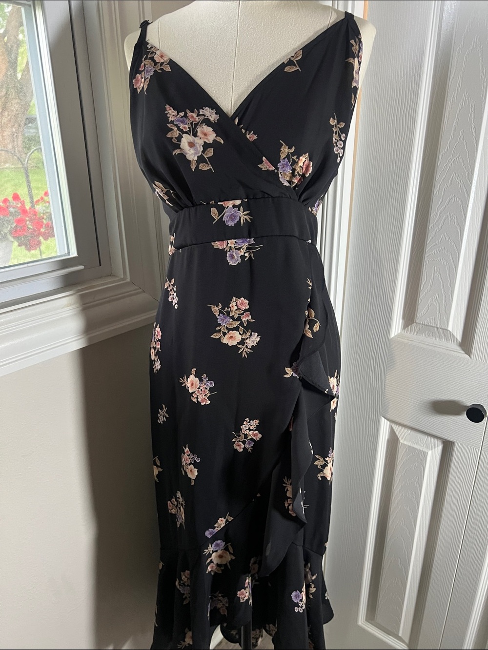 Inspired Hearts Black Floral Wrap Midi Dress with Pink & Lavender Blooms